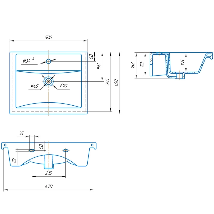 Тумба с раковиной напольная Cetus Галатея 50 Z2 дуб крафт, с двумя выдвижными ящиками - схема раковины