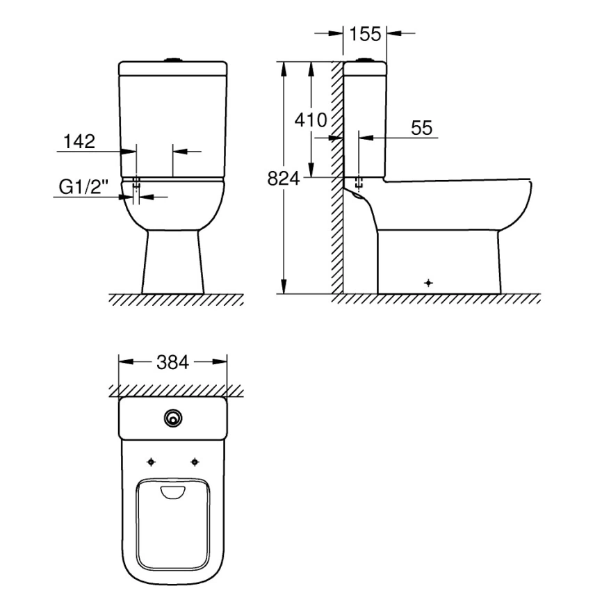 Бачок для унитаза Grohe Bau Edge Ceramic 39861000 подводка снизу - схема