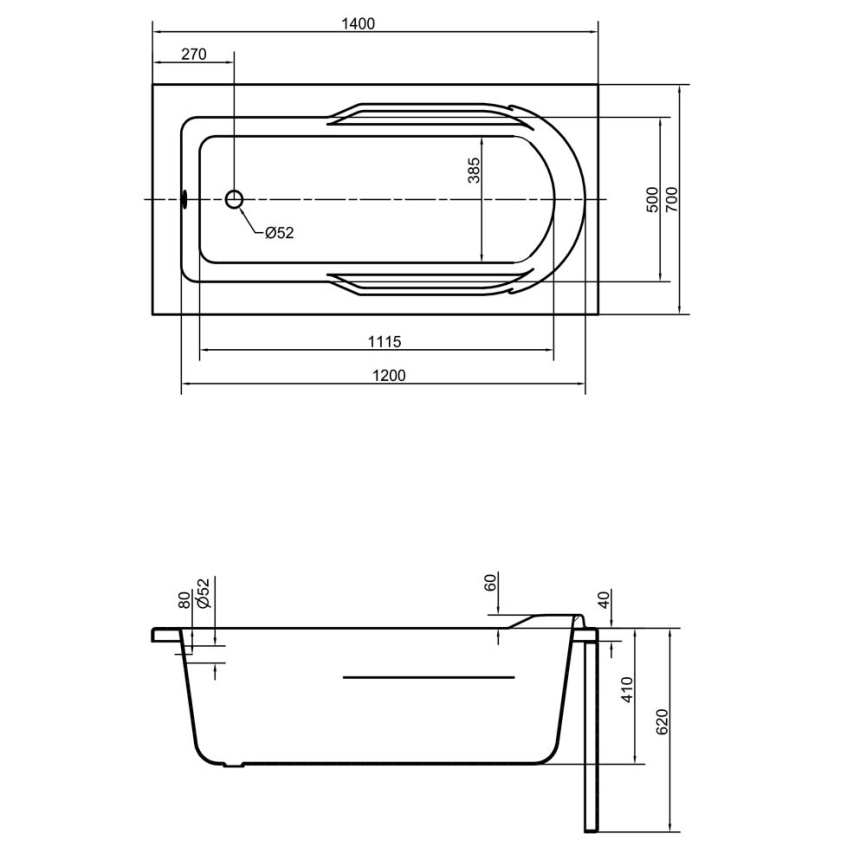 Ванна акриловая Cersanit Santana 140x70 с ножками - схема