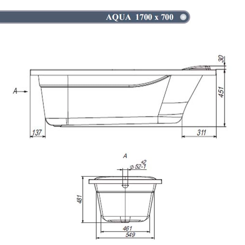 Ванна акриловая Ventospa Aqua 170x70 с ножками - схема 2