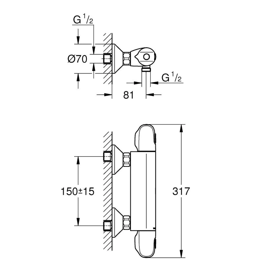 Смеситель для душа с термостатом Grohe Grohtherm 1000, 34814003 хром - схема