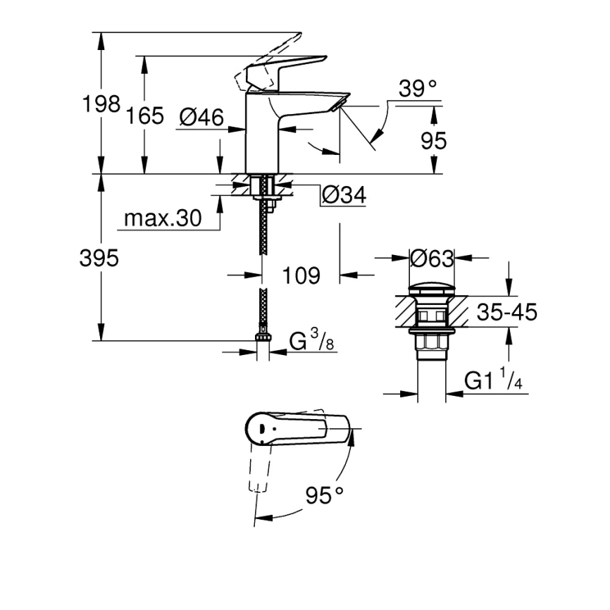 Смеситель для раковины Grohe Start 235512432 с донным клапаном, черный - схема