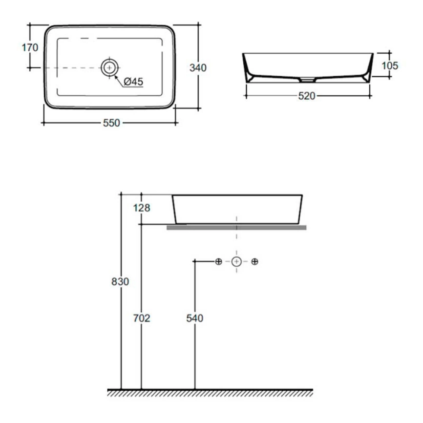 Раковина на столешницу Керамин Плаза 55 белый - схема