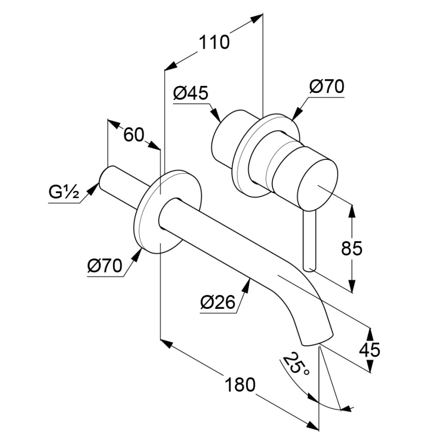 Смеситель для раковины Kludi Bozz 382440576, настенный хром - схема