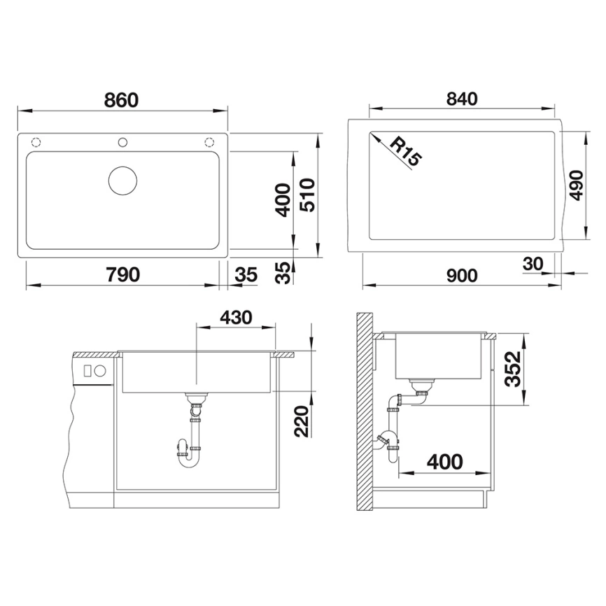 Мойка кухонная Blanco Naya XL 9, 521811 антрацит - схема