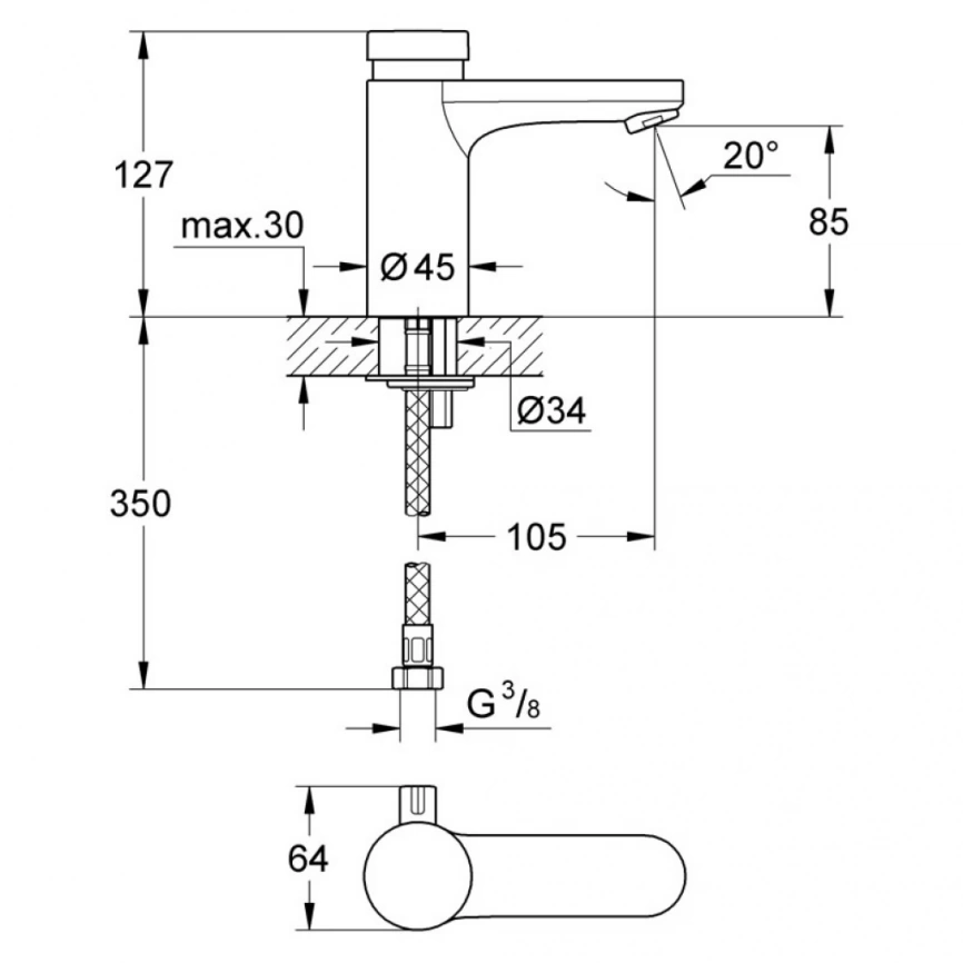Смеситель для раковины порционный Grohe Eurosmart Cosmopolitan 36317000, хром - схема