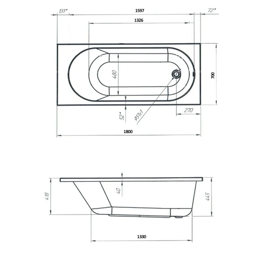 Ванна акриловая Marka One Vesper 180x70 с ножками - схема