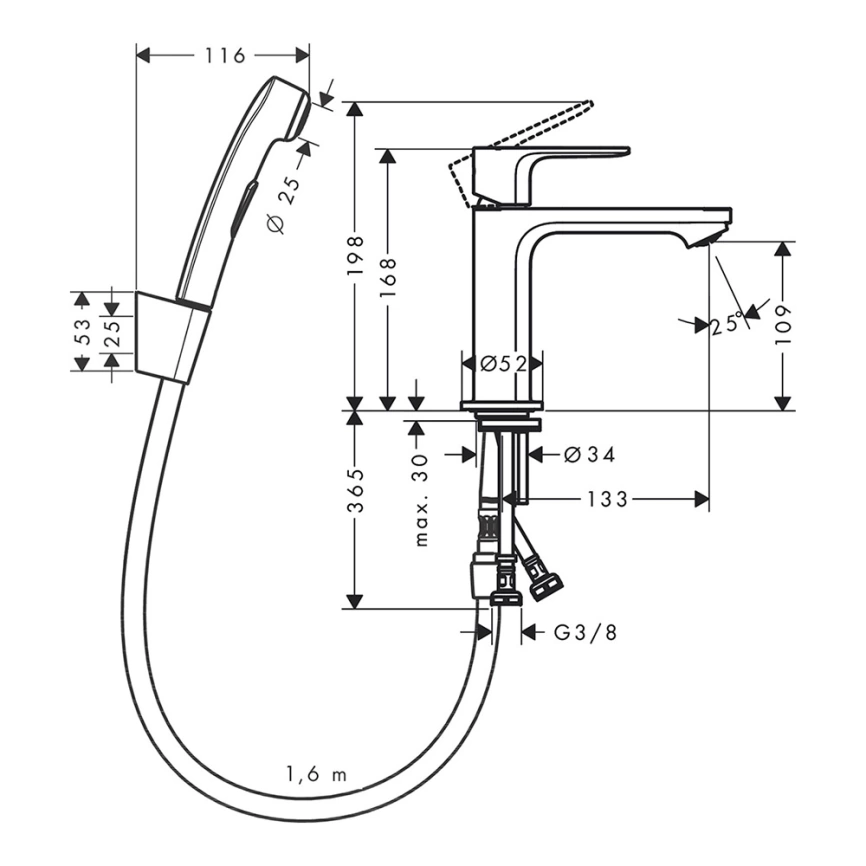Смеситель для раковины Hansgrohe Rebris S 72215670 с гигиеническим душем, черный - схема