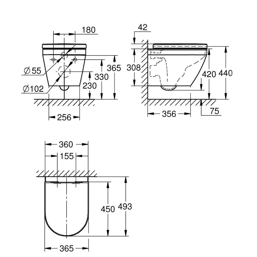 Унитаз подвесной Grohe Euro Ceramic 102509SH00 с сиденьем - схема