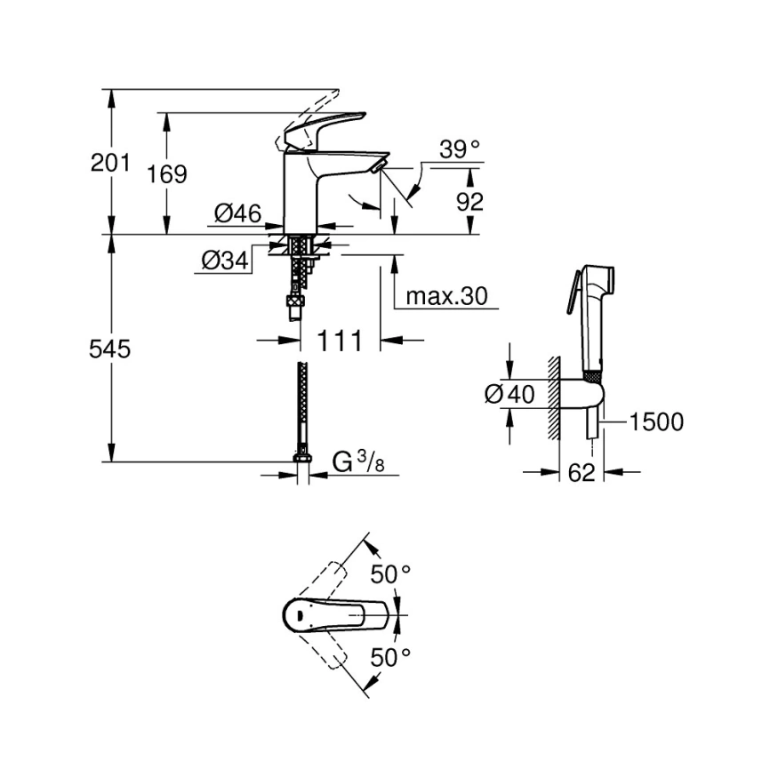 Смеситель для раковины Grohe Eurosmart 23124003 с гигиеническим душем - схема