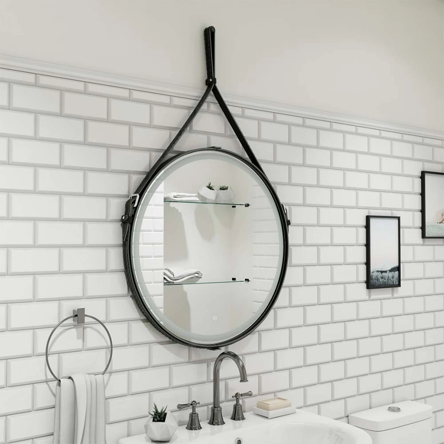 Зеркало навесное Continent Millenium Black D650 c подсветкой на ремне из натуральной кожи - фото 8