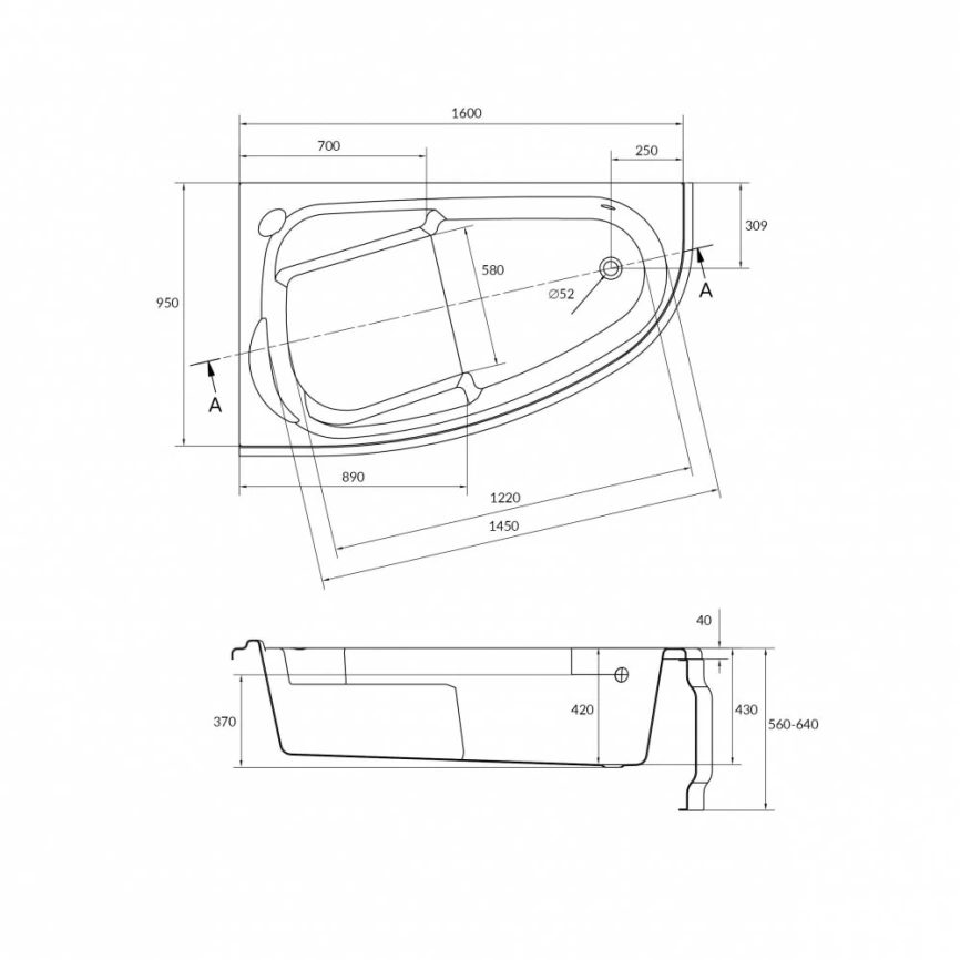 Ванна акриловая асимметричная Cersanit Joanna 160x95 с каркасом и панелью, левая - схема
