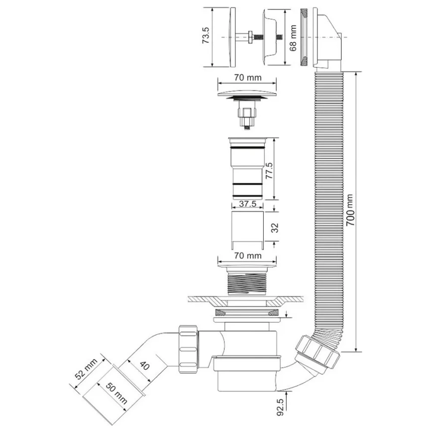 Слив перелив для ванны McAlpine MRB12 click-clack - схема