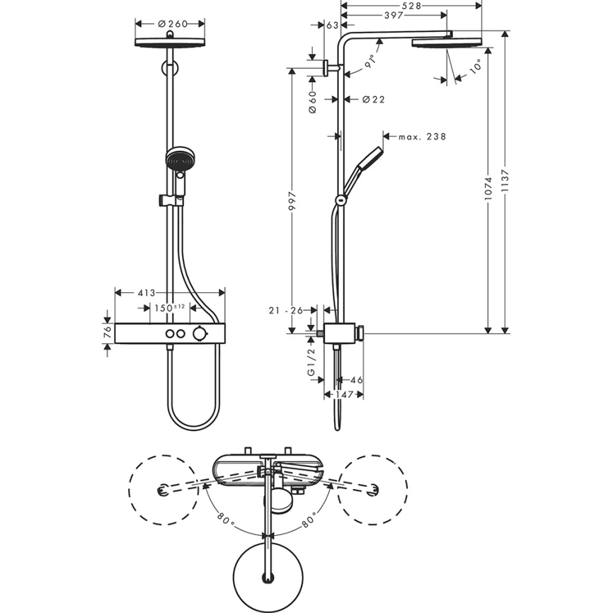 Душевая стойка Hansgrohe Pulsify Showerpipe 24220000 с термостатом хром - схема
