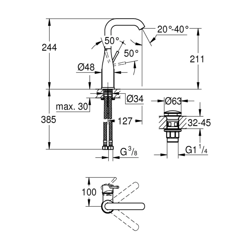 Смеситель для раковины Grohe Essence 23799001 хром - схема