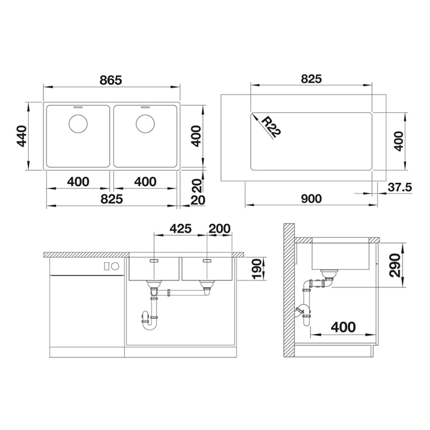 Мойка кухонная Blanco Andano 400/400-U 522987 - схема