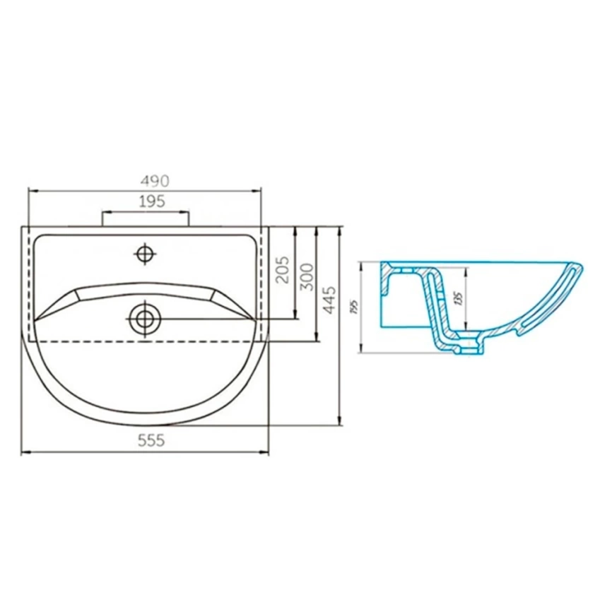 Тумба с раковиной напольная Cetus Элара 55 белая/черная - схема раковины