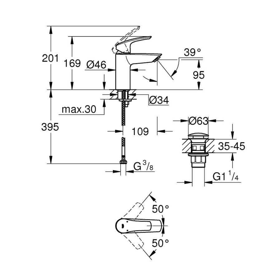 Смеситель для раковины Grohe Eurosmart 23922003 хром - схема