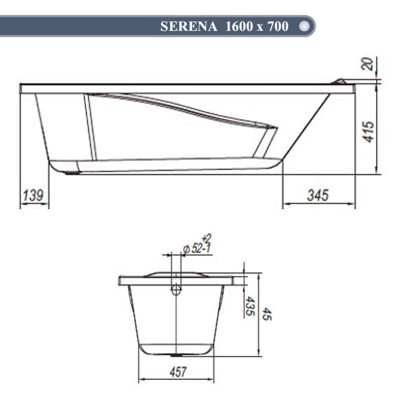 Ванна акриловая Ventospa Serena 160x70 с ножками - схема 2
