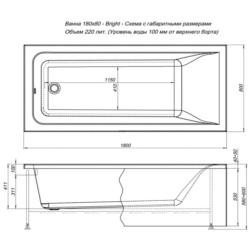 Ванна акриловая Aquanet Bright 180x80 с каркасом - схема
