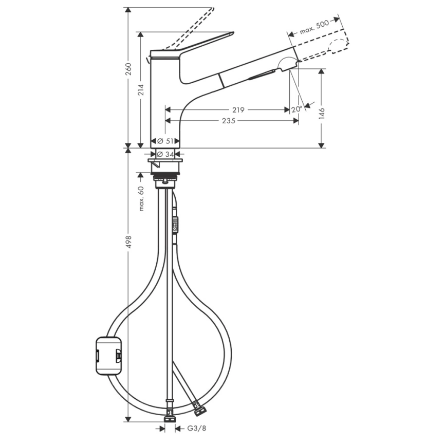 Смеситель для кухни Hansgrohe Zesis M33 74800000 с вытяжным душем - схема