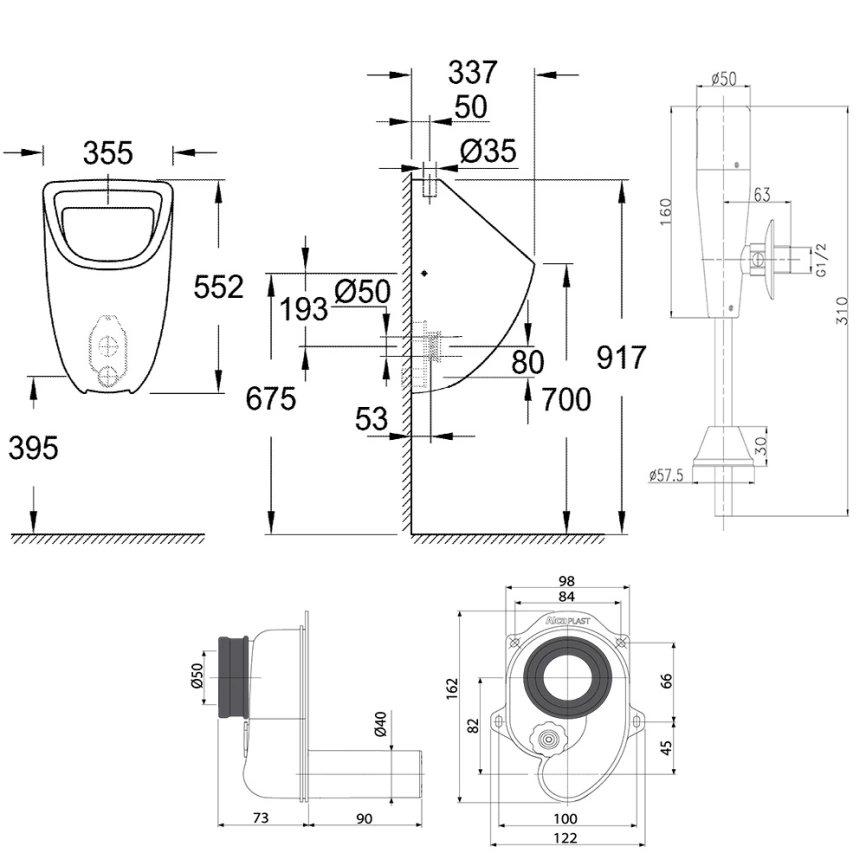 Писсуар настенный Grohe Bau Ceramic 39439000 с сенсорным краном LM4654CE и сифоном A45B - схема