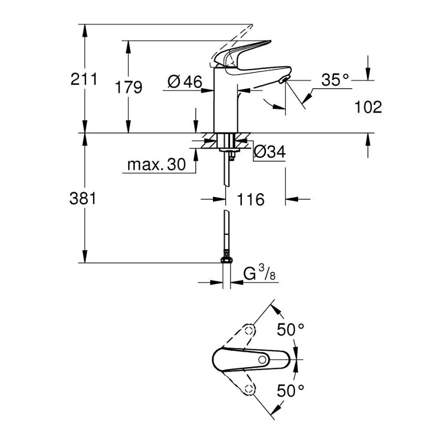 Смеситель для раковины Grohe Euroeco 24266001, хром - схема