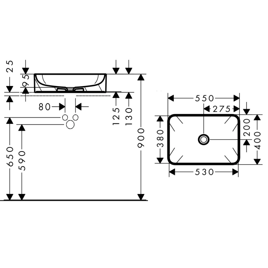 Раковина Hansgrohe Xuniva Q 60168450 накладная, белая - схема