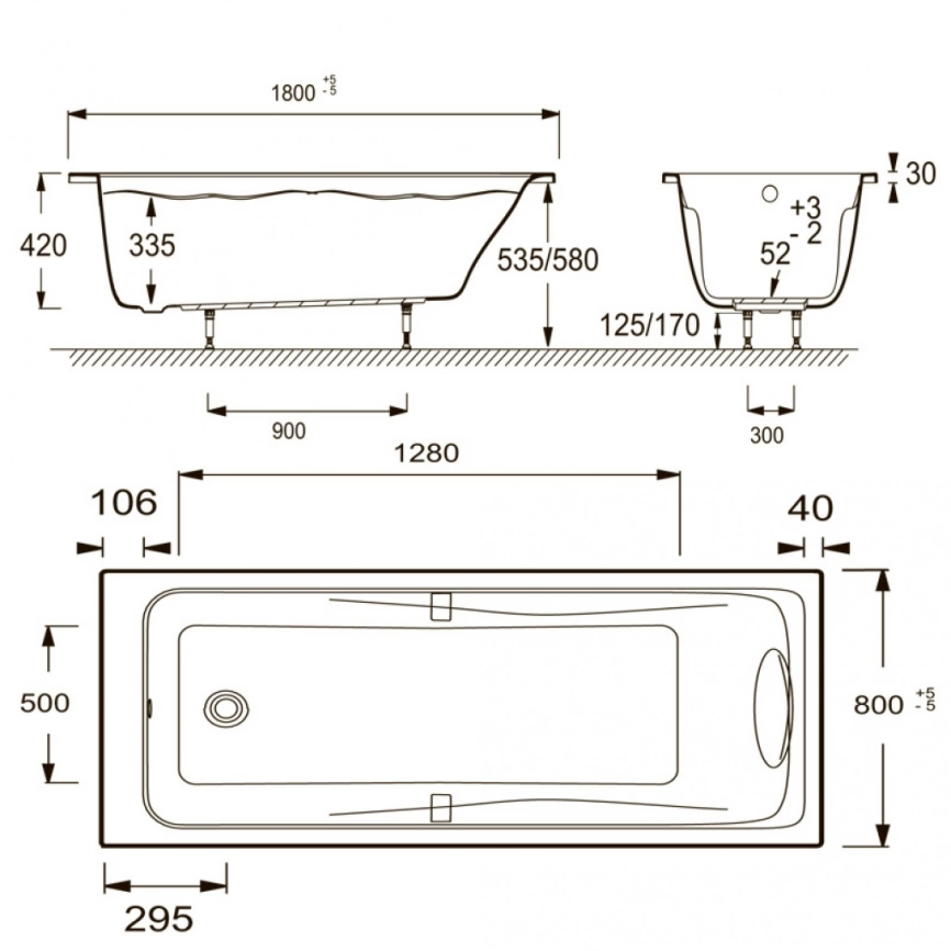 Ванна акриловая Jacob Delafon Odeon Up 180x80 E6048RU-00 с каркасом - схема