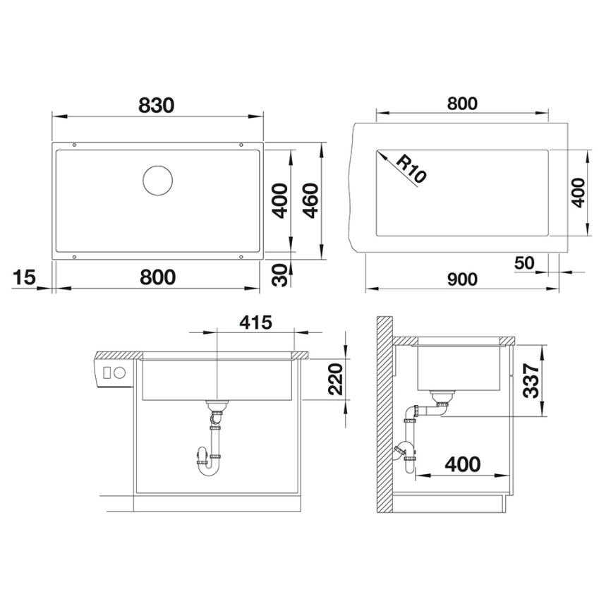 Мойка кухонная Blanco Subline 800-U 526005 черная - схема