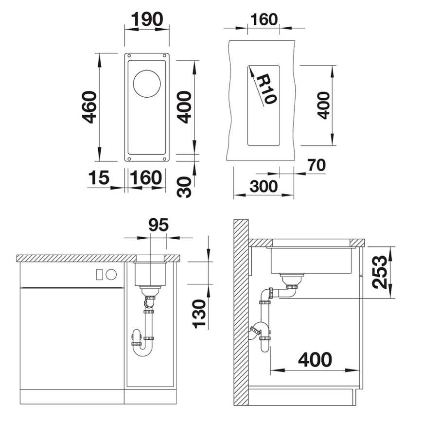 Мойка кухонная Blanco Subline 160-U 523397 темная скала - схема