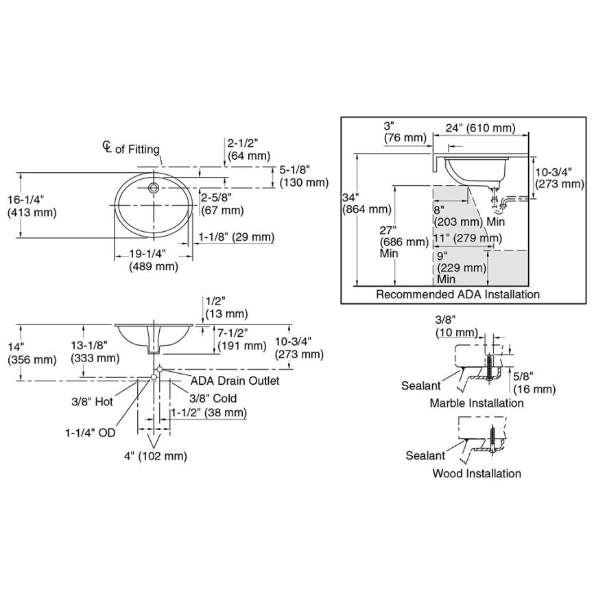 Раковина Jacob Delafon Caxton E2210-0 встраиваемая снизу, белая - схема