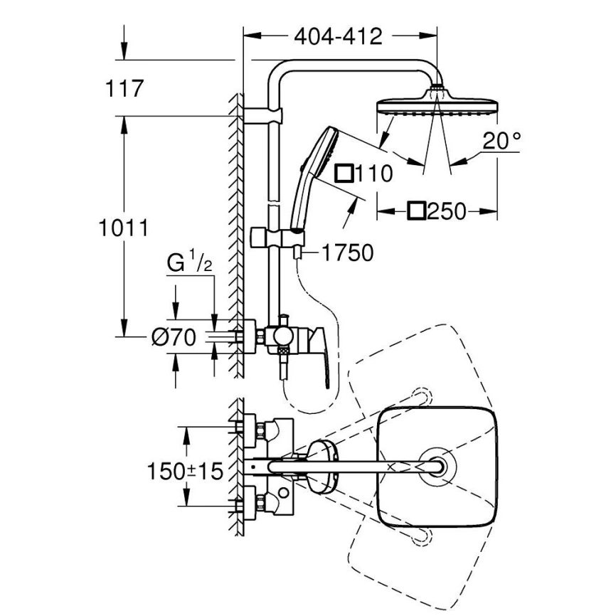 Душевая стойка Grohe Tempesta System 250 Cube 26692001 хром - схема