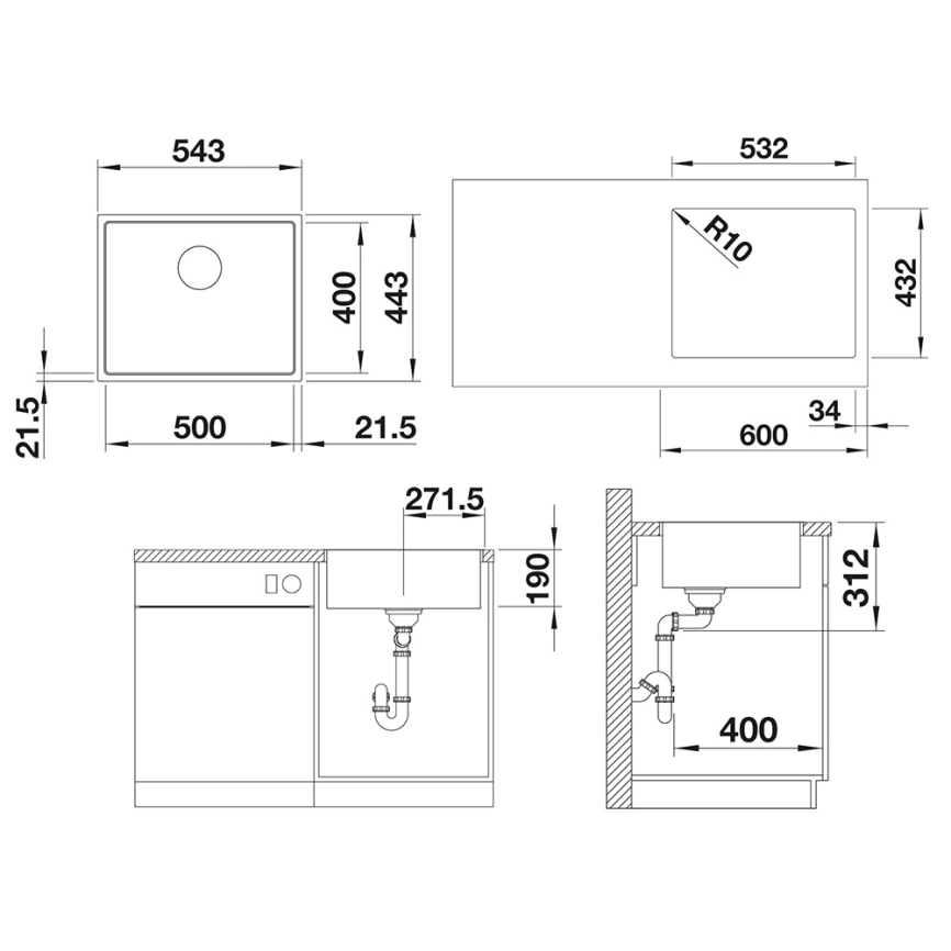 Мойка кухонная Blanco Subline 500-IF Steelframe 524107 черная - схема