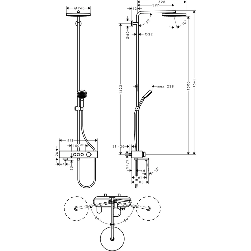 Душевая стойка Hansgrohe Pulsify Showerpipe 24230000 с термостатом хром - схема