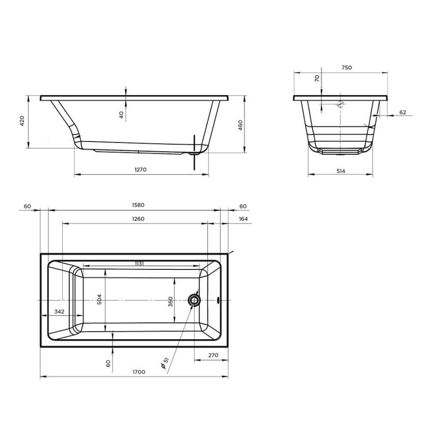 Ванна акриловая Marka One Bianca 170x75 с ножками - схема