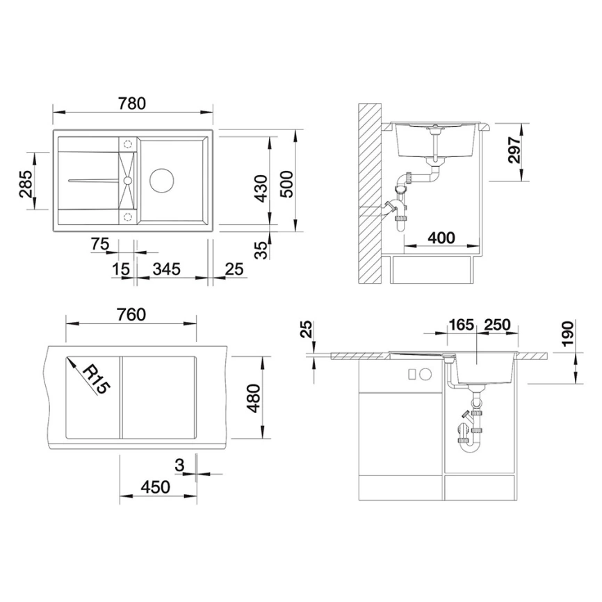 Мойка кухонная Blanco Metra 45 S 513035 антрацит - схема