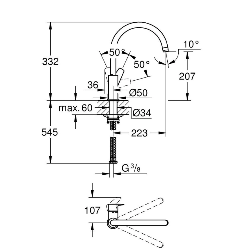 Смеситель для кухни Grohe BauEdge 31367001 хром - схема