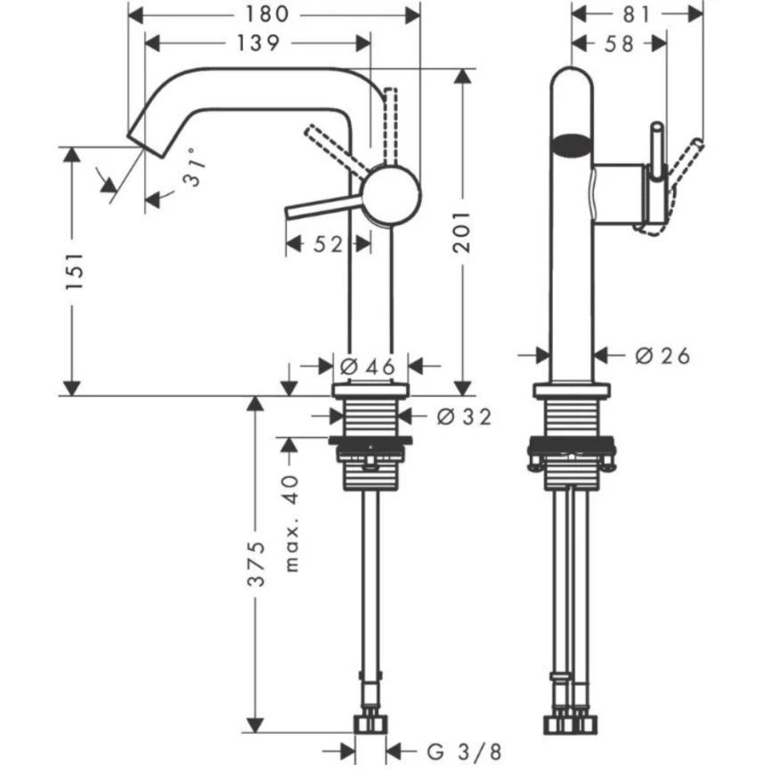Смеситель для раковины Hansgrohe Tecturis S 73340000, хром - схема