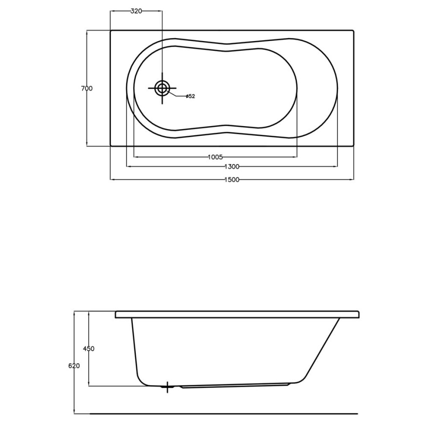 Ванна акриловая Cersanit Nike 150x70 с ножками - схема