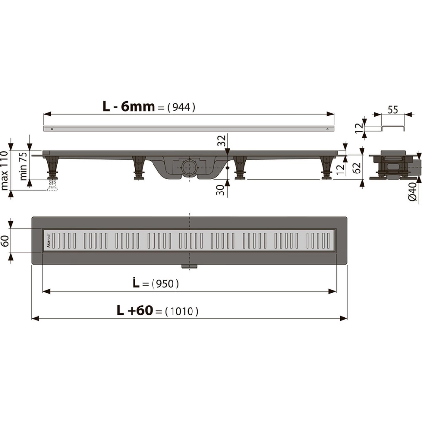 Душевой лоток AlcaPlast APZ10-950M с решеткой и опорами, хром - схема