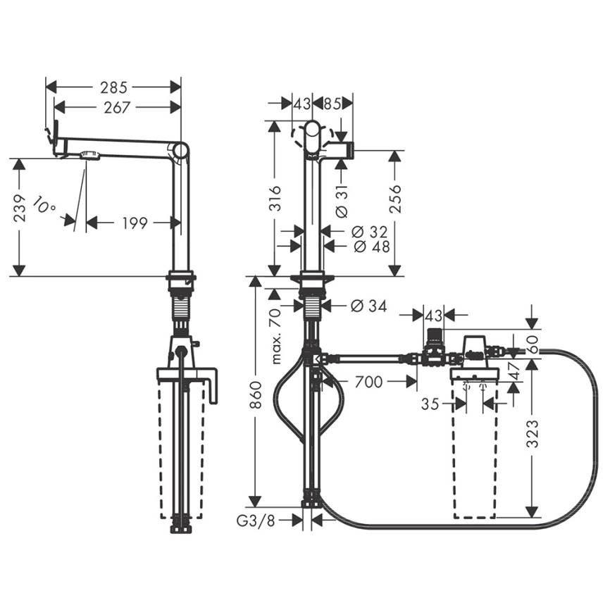 Смеситель для кухни Hansgrohe Aqittura M91 76826800 сталь - схема