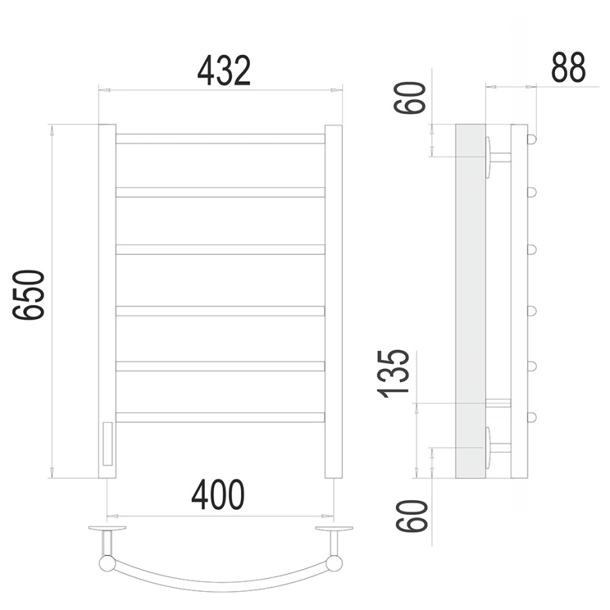 Электрический полотенцесушитель лесенка Terminus Классик 400x650 левый - схема