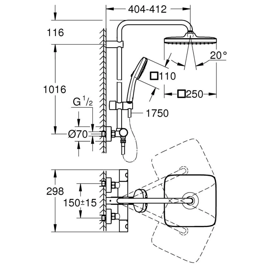 Душевая стойка Grohe Tempesta System 250 266892431 с термостатом черная - схема