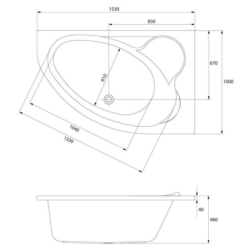 Ванна акриловая асимметричная Cersanit Kaliope 153x100 с каркасом и панелью, правая - схема