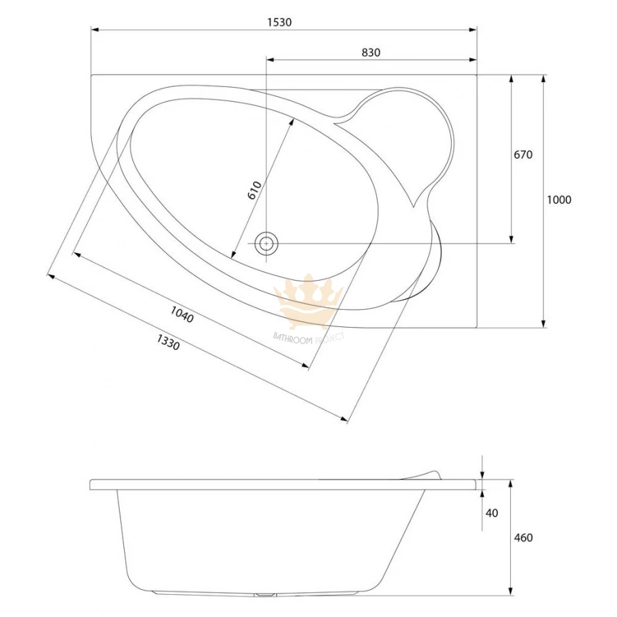 Ванна акриловая асимметричная Cersanit Kaliope 153x100 с каркасом и панелью, правая - схема