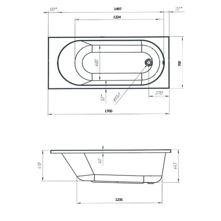 Ванна акриловая Marka One Vesper 170x70 с каркасом - схема
