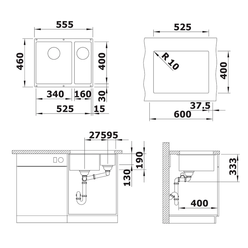 Мойка кухонная Blanco Rotan 340/160-U 523077 антрацит - схема
