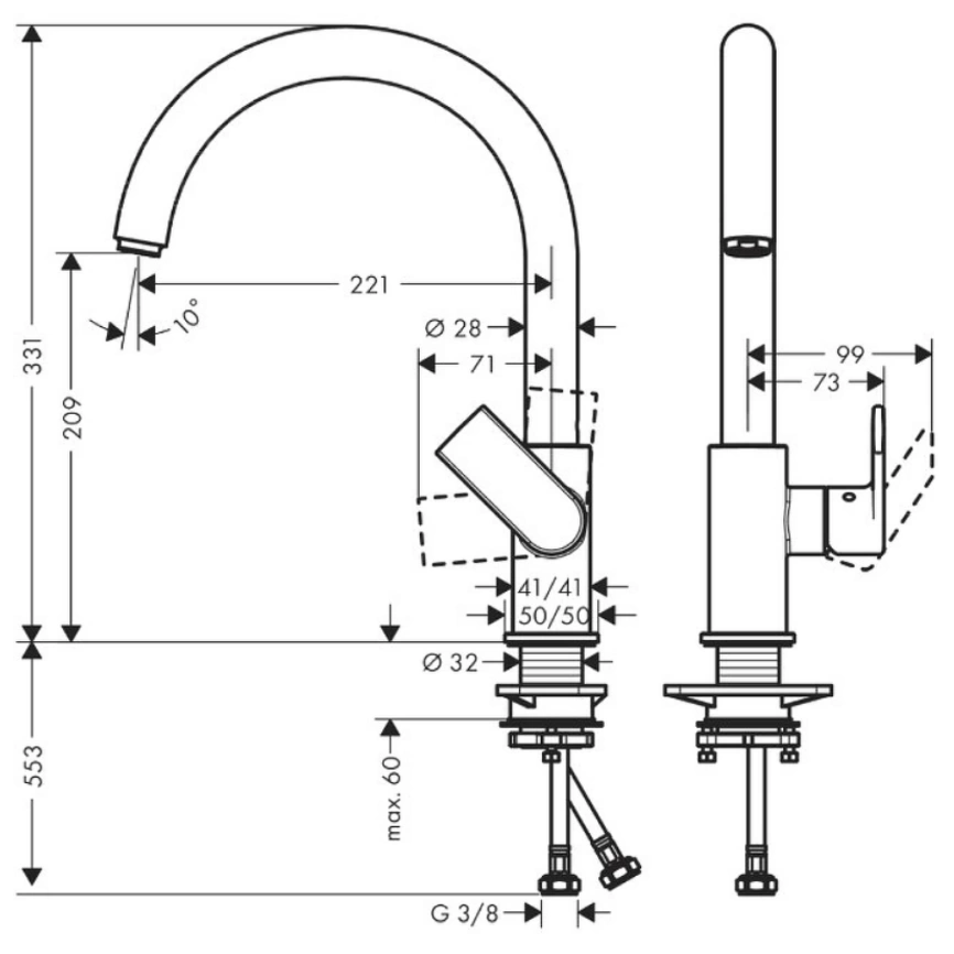 Смеситель для кухни Hansgrohe Vernis Shape 71871670, черный - схема
