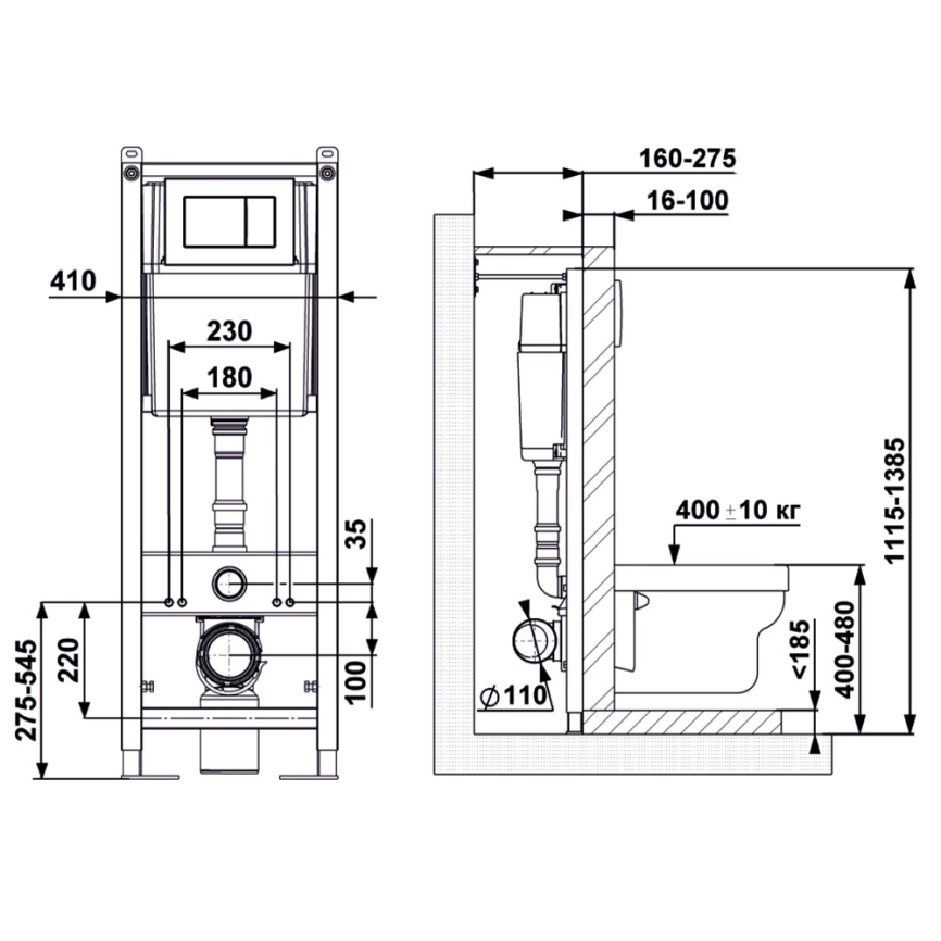 Комплект инсталляции Уклад с подвесным унитазом Rosa Рио и кнопкой хром - схема инсталляции